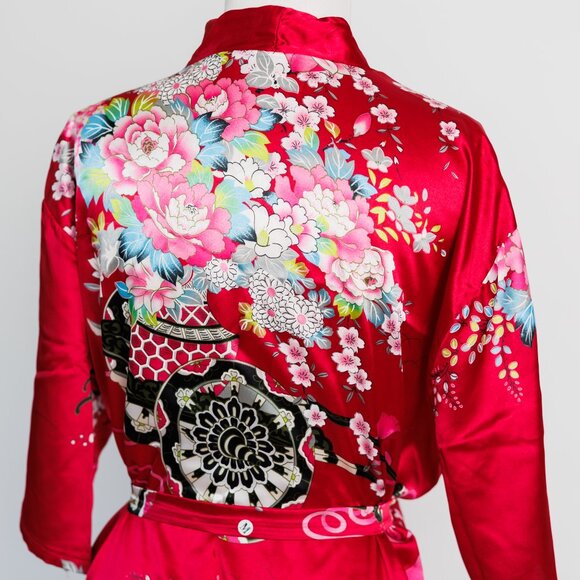 Chinese dressing robe, floral print red short dressing robe, 100% cotton - Picture 3 of 10